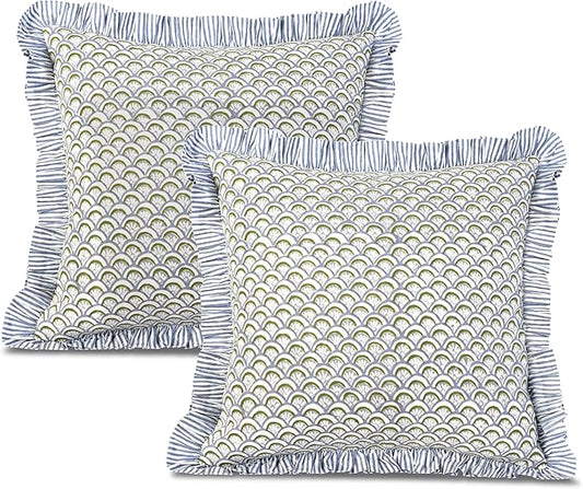 Ridhi Block Print Hand Fan Harmony Throw Pillow Cover 18" x 18" (Pack of 2) Decorative Cushion Covers with Ruffle for Couch, Sofa, Bed, Living Room, Home Decor Gift for Spring, Easter, Valentine