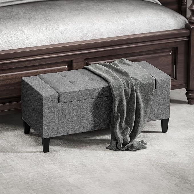 HOMCOM Storage Ottoman, Linen Upholstered Storage Bench with Lift Top and Button Tufted for Living Room, Gray