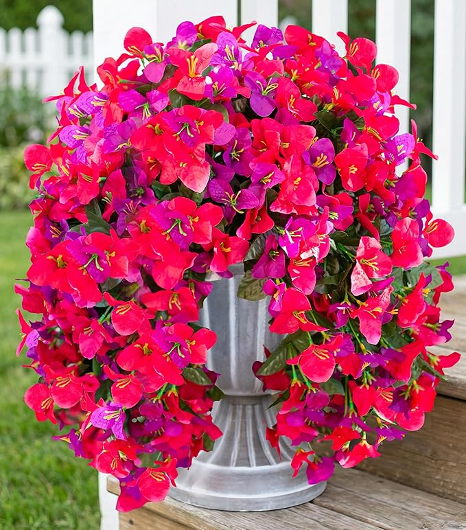 HyeFlora Bougainvillea Artificial Hanging Flowers Plants for Outdoors Decoration, 2pcs Fake Flowers Silk Bougainvillea Vines Realistic UV Resistant Faux Flowers for Outdoor Planters Porch Patio, Mix