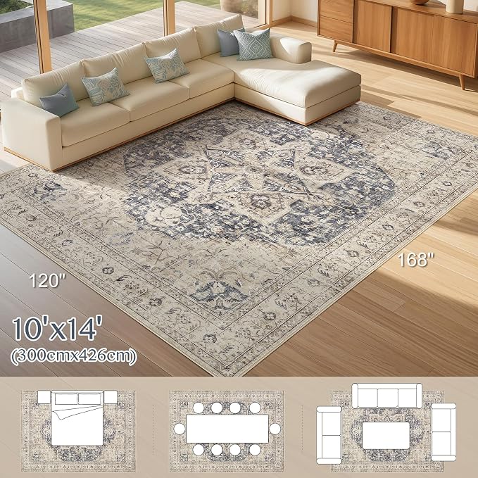 Tortania Area Rug Living Room Rugs - 10x14 Washable Boho Rug Vintage Oriental Distressed Farmhouse Large Thin Indoor Carpet for Living Room Bedroom Under Dining Table Home Office - Cream Blue