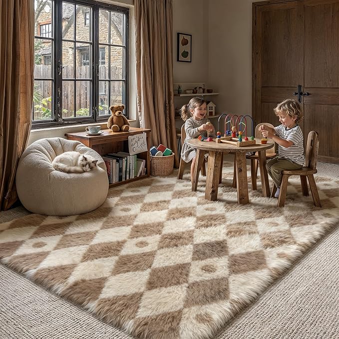 PureCozy Brown 5x7 Area Rug for Living Room Washable Non Slip Neutral Soft Bedroom Checkered Carpet Colorful Fluffy Modern Shag Fuzzy Indoor Large Aesthetic Bedroom Home Office Playroom Nursery