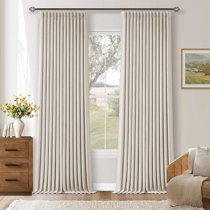 105 Inch Blackout Linen Curtains Pinch Pleat for Bedroom Living Room Darkening Neutral Pleated 100% Black Out Thermal Insulated Window Drapes Double Layer Soundproof Curtains 2 Panels Ivory Natural