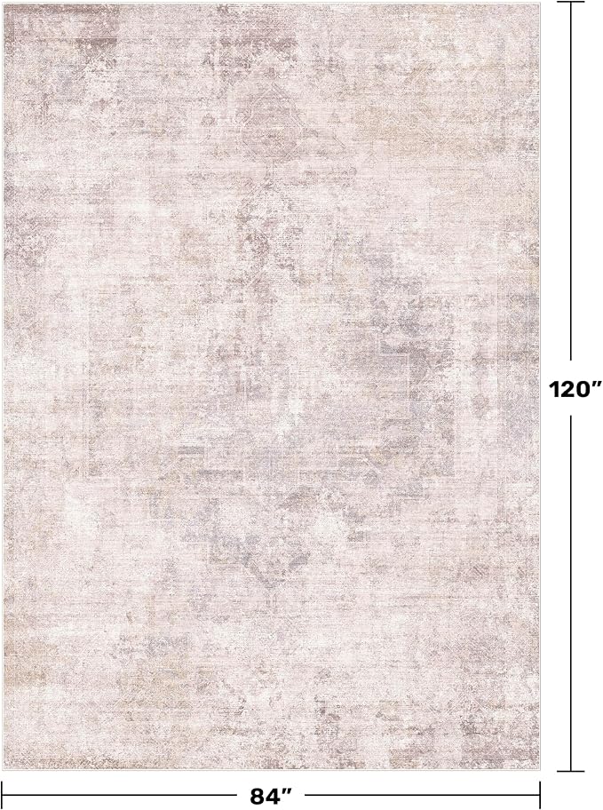 Pink and Grey Living Room Medallion Rug 7x10 - Modern Washable Area Rug for Living Room, Dinning Room, Non Slip Thin & Soft Carpet
