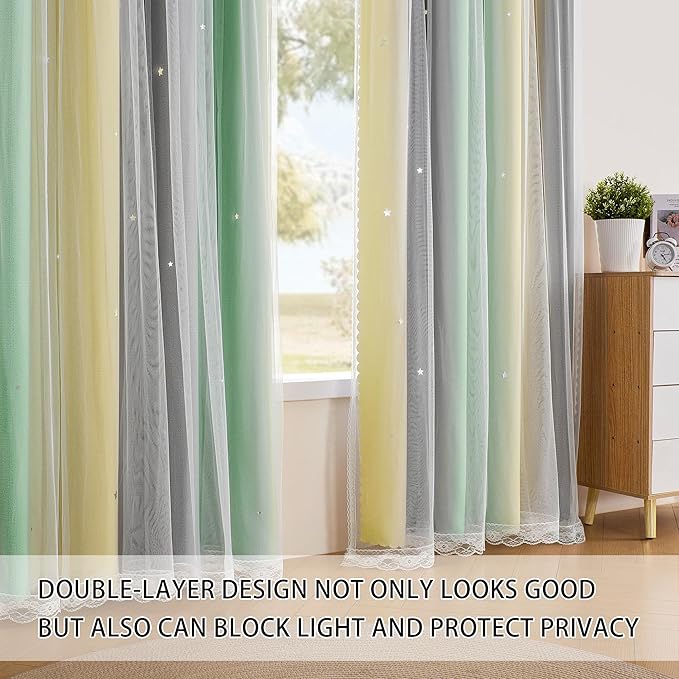 XiDi Grey Green Yellow 90 Inches Curtains for Girls Bedroom 2 Panels Set, Blackout Rainbow Curtains for Kids Room Decor, Unicorn Wall Decals Drapes for Little Girl Nursery Room 52 Inches Wide