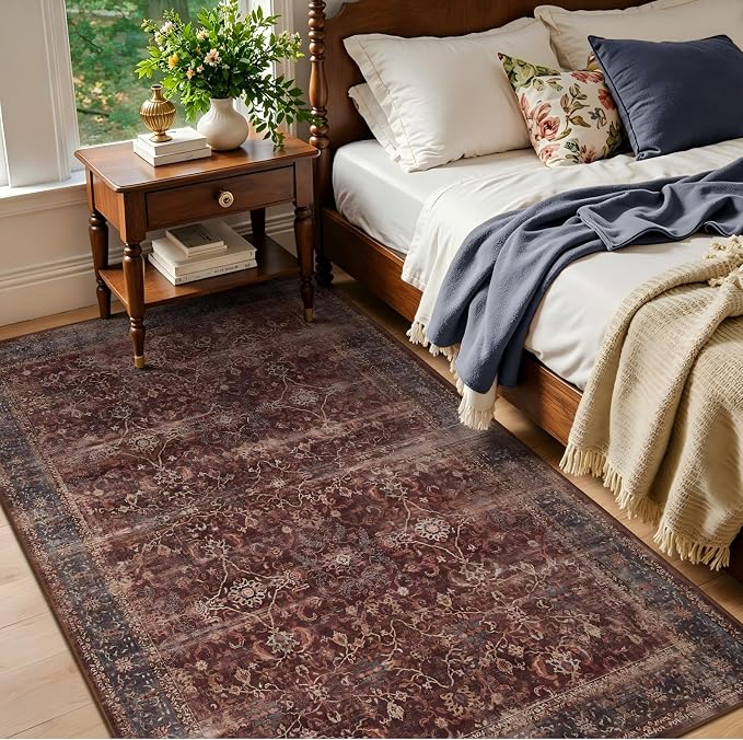 Brick Red 4x6 Washable Rug, Small Area Rugs Non Slip for Entryway Kitchen Bathroom, Vintage Farmhouse Low Pile Thin Print Throw Carpet for Foyer/Nursery/Home Office/Living Room/Bedside