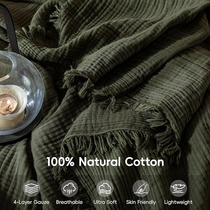 Muslin Fringe Blankets for Adults: 100% Cotton Cloud Soft | 4-Layer Gauze Breathable Lightweight All Season Throw Blanket for Bed Couch Sofa Office