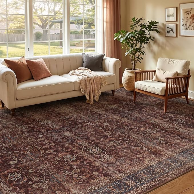 Living Room Rugs 6x8, Vintage Farmhouse Area Rugs for Bedroom Dining Room, Washable Non Slip Low Pile Thin Carpet Rug for Guest Room Home Office, Distressed Earth Tone Brick Red