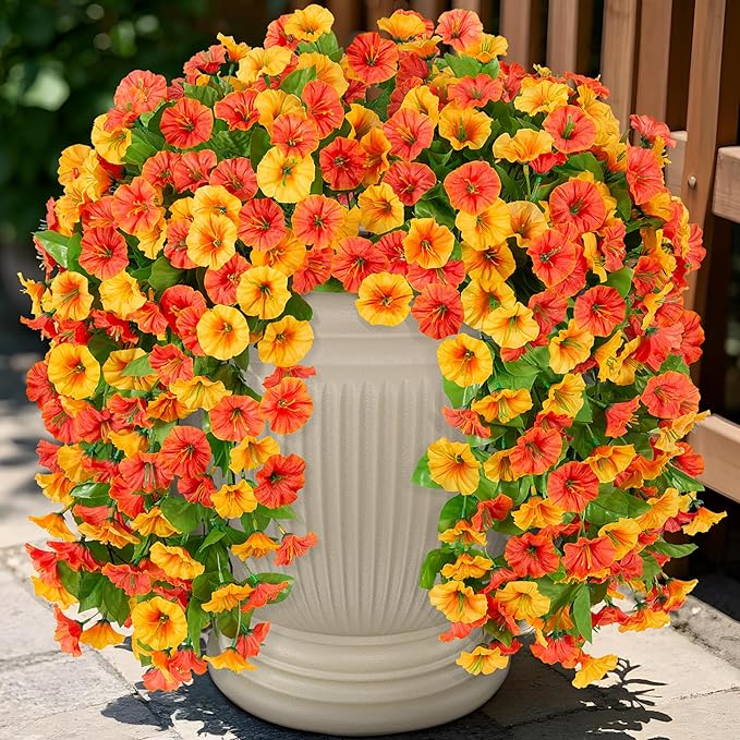 INXUGAO Artificial Fake Hanging Flowers Plants for Outdoor Decoration, 2PCS Faux Silk Morning Glory Long Vines Stems UV Resistant Look Real for Spring Summer Outside Home Porch Patio, Orange Yellow