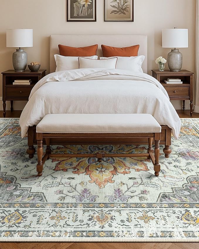 RELEANY Area Rugs 9'x12' Washable Non-Slip, Floral Vintage Distress Print Pattern Medallion Carpet for Living Room Bedroom Dining Room, Light Yellow Carbon Grey Orange