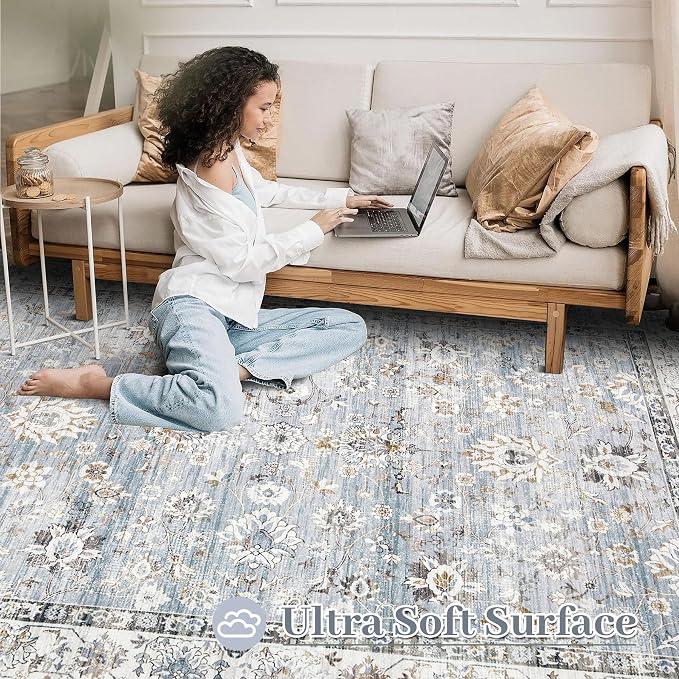 XLUEZ Area Rug 9x12 Living Room Rug, Machine Washable Vintage Distressed Boho Area Rug Non-Slip Soft Low Pile Large Indoor Rugs for Bedroom Kitchen Dining Room Office(Light Blue,9'x12')