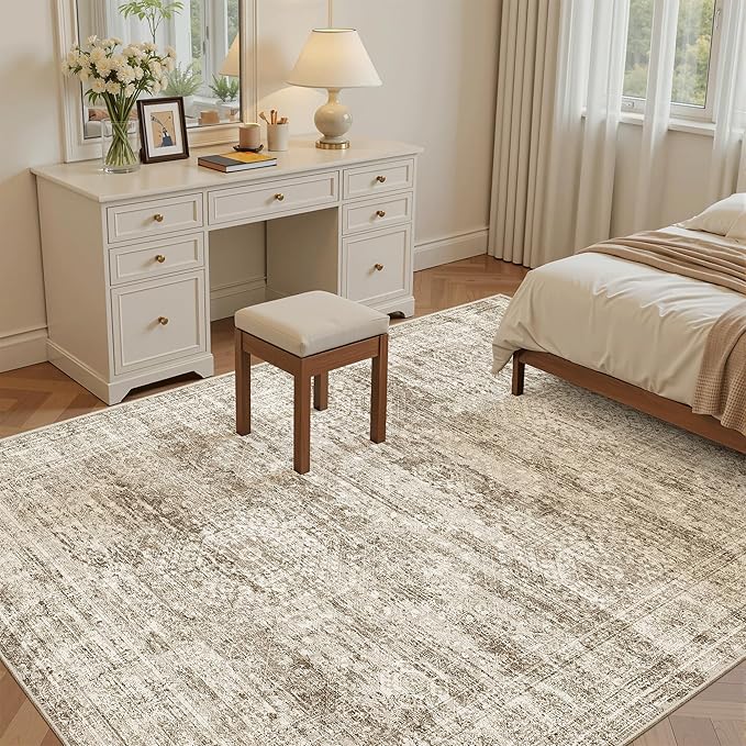 Soalmost 5x8 Area Rugs Brown Low Pile Indoor Washable Trendy Faded Style Rugs for Bedroom Living Room Dining Room Foldable Non-Slip Thin Print Home Office Mat