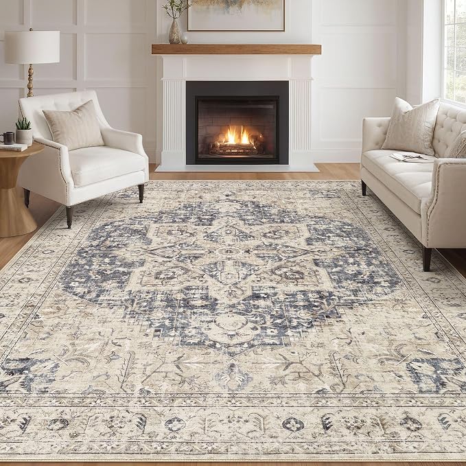 Tortania Area Rug Living Room Rugs - 10x12 Washable Boho Rug Vintage Oriental Distressed Farmhouse Large Thin Indoor Carpet for Living Room Bedroom Under Dining Table Home Office - Cream Blue