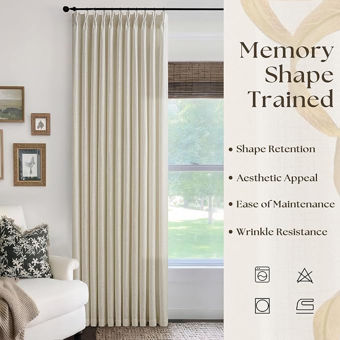 Extra Wide Pinch Pleat Curtains 84 Inches Long for Patio Sliding Glass Door Beige Oatmeal Linen 70 Inch Wide Curtain Memory Trained Pleated Drapes Hooks Rings 70x84 Curtain for Large Window 1 Panel