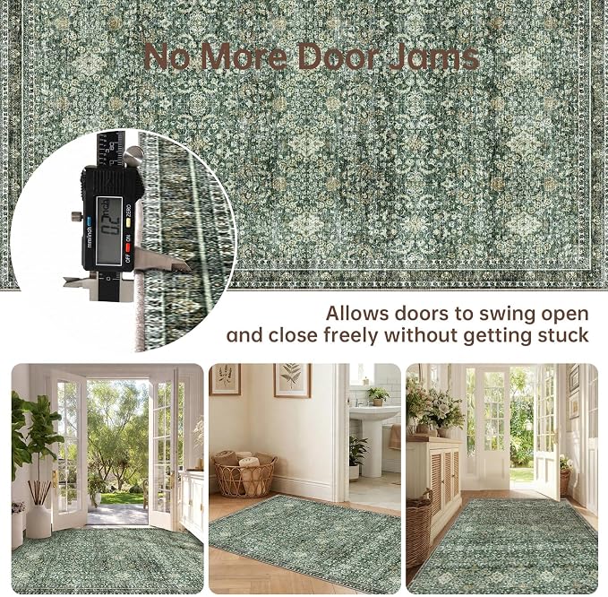 Sasttie 3x5 Rug, Ultra-Soft Washable Rug, Low Pile Foldable Thin Carpets with Non-Slip Backing, Skin-Friendly Stain Resistant Carpet for Living Room, Bedroom, Kitchen, Dorm, 3x5, Dark Green