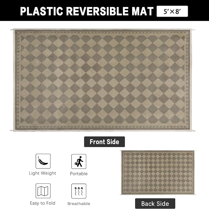 HUGEAR 5x8 Outdoor Rug Waterproof Checkered Patio Rug Home Decor Reversible Plastic Straw Black and Brown Rugs Outside Indoor Floor Mat for Camping Balcony RV Deck Porch Balcony Backyard