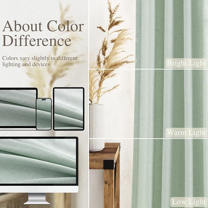 Nanspring Aqua Green Linen Curtains Semi Sheer 96 Inches Long 2 Panels Set for Living Room Back Tab Rod Pocket Light Filtering Drape for Bedroom Modern Farmhouse Coastal Decor Protect Privacy 52x96