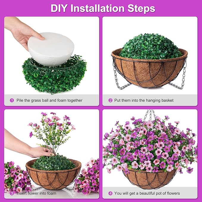 INXUGAO Artificial Silk Flowers Hanging Basket for Outdoor Indoor, Daisy with Eucalyptus Leaves Arrangement for Garden Yard Spring Decor, Faux Green Plant in Metal Coconut Lining Pot(Purple Pink)