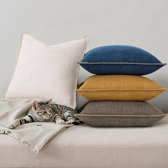 decorUhome Summer Decorative Throw Pillow Covers 24x24 Set of 2 Faux Linen Farmhouse Euro Sham Pillow Covers with Stitched Edge Outdoor Neutral Pillow Covers for Couch Sofa Living Room, Chocolate