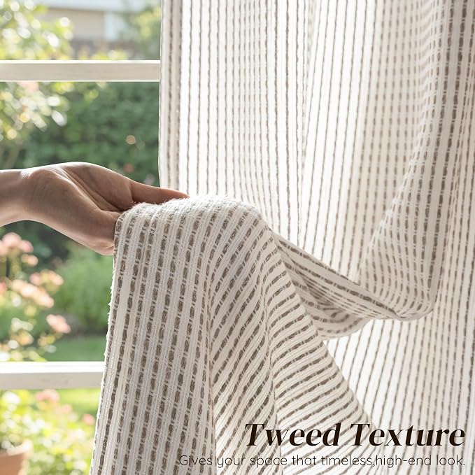 DriftAway 3D Chenille Striped Curtains 84 Inches Long Tweed Linen Textured Light Filtering Woven Embroidered Luxury Soft Drapes for Living Room Bedroom Grommet Privacy 2 Panels W52 x L84 Coffee