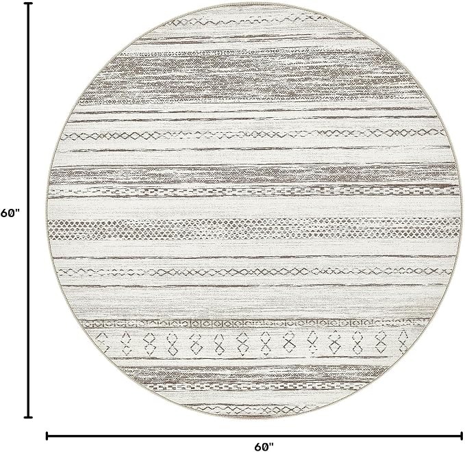 Tortania 5' Round Area Rug Living Room Rugs - Washable Large Soft Neutral Boho Moroccan Bohemian Farmhouse Rug Indoor Floor Carpet for Bedroom Under Dining Table Home Office Decor - Cream/Brown