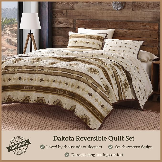 Paseo Road Dakota King Quilt Set, 3 Piece Rustic Western Bedding Set with Pillow Sham, Lightweight Reversible Cotton Quilt with Southwestern Aztec Pattern, Soft Breathable Cozy Boho Bedding