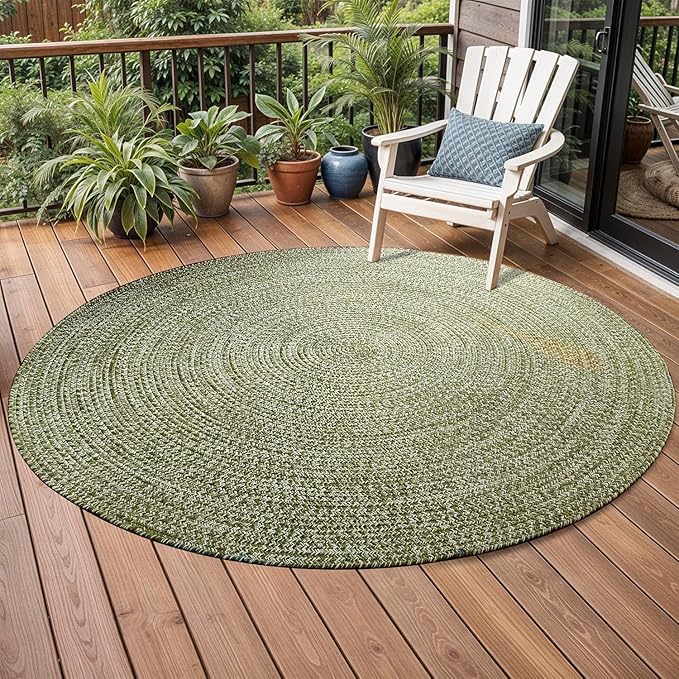Superior Indoor/Outdoor Area Rug, Dual-Tone Reversible Braided Floor Decor for Patio, Front Porch, Entryway, Living Room, Office, Nursery, Artistic Home, 4' Round, Green-White