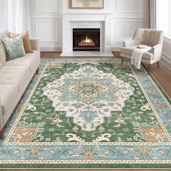 7x9 Area Rug Living Room: Washable Boho Large Neutral Vintage Soft Rug Stain Resistant Farmhouse Non-Slip Indoor Floor Retro Carpet for Bedroom Nursery Kids Office Dining Room- Green Multi