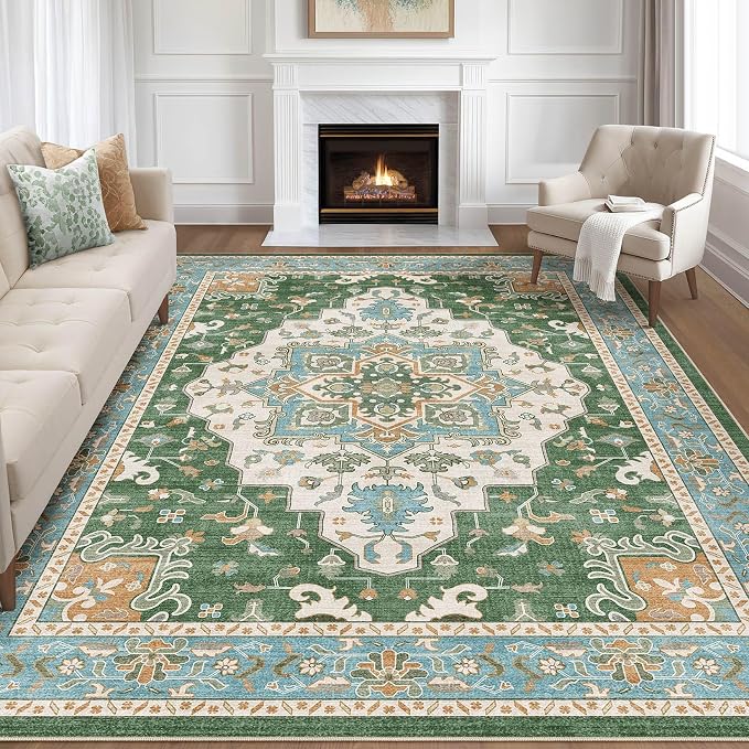 8x10 Area Rugs Living Room: Washable Boho Large Neutral Vintage Soft Rug Stain Resistant Farmhouse Non-Slip Indoor Floor Retro Carpet for Bedroom Nursery Kids Office Dining Room- Green Multi