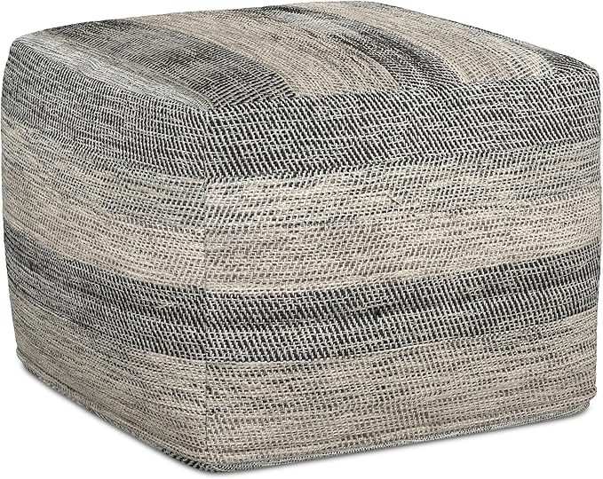 SIMPLIHOME Clay Square Pouf - 18 inch Wide Upholstered Cotton Ottoman in Grey/Natural, Boho Footstool, Decorative Cube Pouf or Extra Seating for Living Room, Bedroom, or Kids Room, Assembled