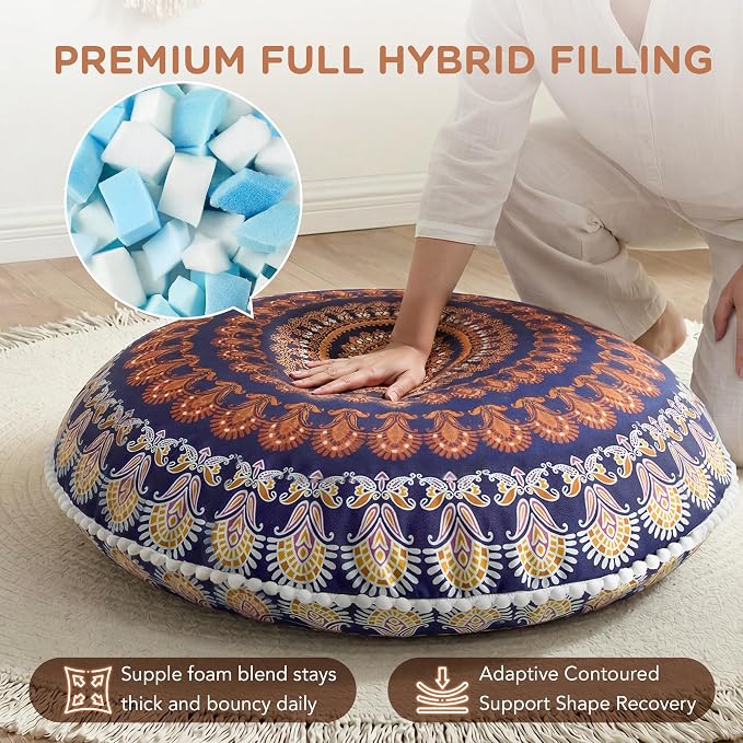 Codi Floor Pillows for Sitting Set of 2, Large Meditation Cushions for Adults with Memory Foam, Bohemian Mandala Round Seating for Outdoor Yoga and Living Room, Washable, 32 Inch, Yellow