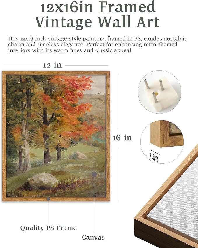 UPWOIGH 12x16 Framed Autumn Tree Landscape Wall Art | Oil Painting Canvas Print, Vintage Fall Forest Scene, Retro Moody Décor, Living Room Accent