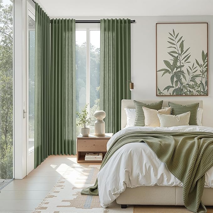 Nanspring Forest Green Linen Curtains 108 Inches Long for Living Room Light Filtering Semi Sheer Curtain Back Tab Wabi Sabi Boho Decor Floor to Ceiling High Window for Bedroom Office 52x108, 2 Panels