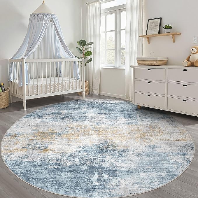 6ft Round Rug Living Room: 6x6 Washable Large Neutral Circle Area Rug Abstract Soft Modern Stain Resistant Indoor Floor Non-Slip Carpet for Bedroom Nursery Kids Office Playroom Dining Room- Blue Gold