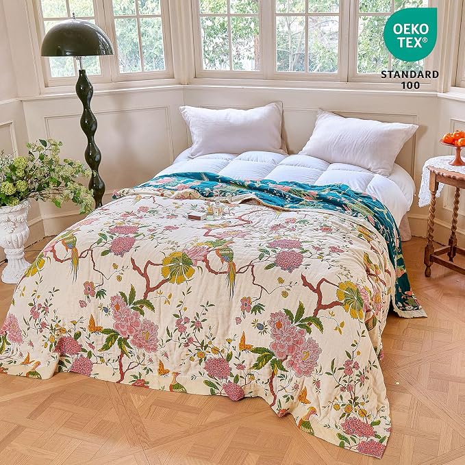 MSGKV The Boho Layer: 50"x60" Cotton Throw Blanket – Lightweight & Reversible Chinoiserie Floral & Bird Pattern, Summer Decorative Accent for Couch Snuggles, Bed Layers & Road Trips
