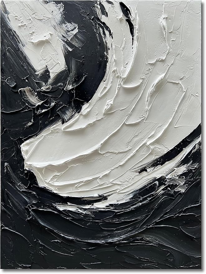 NANKAI Art Minimalist Style Black and White Abstract Oil Painting. Pure Hand-Drawn Wall Art Piece. 40x28 inches. Modern Oil Painting Decorative Art Works for Interior Wall Decoration