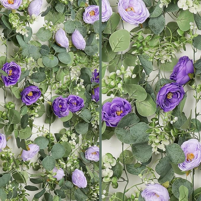 TOCHGREEN 4 Pack Artificial Eucalyptus Flower Garland with Purple Roses, Fake Rose Flower Greenery Garland Floral Vines for Wedding Home Party Table Runner Decor (Purple, 4PCS)