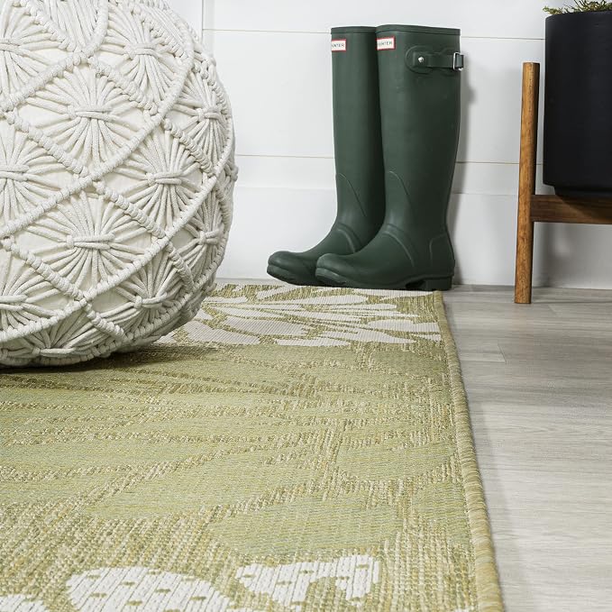 JONATHAN Y Floral Textured Weave Indoor Outdoor Round Area Rug 5 Ft Green/Cream, Zinnia Modern for Backyard, Patio, Porch, Easy-Cleaning, High Traffic, Pet-Friendly, Non-Shedding (SMB110H-5R)