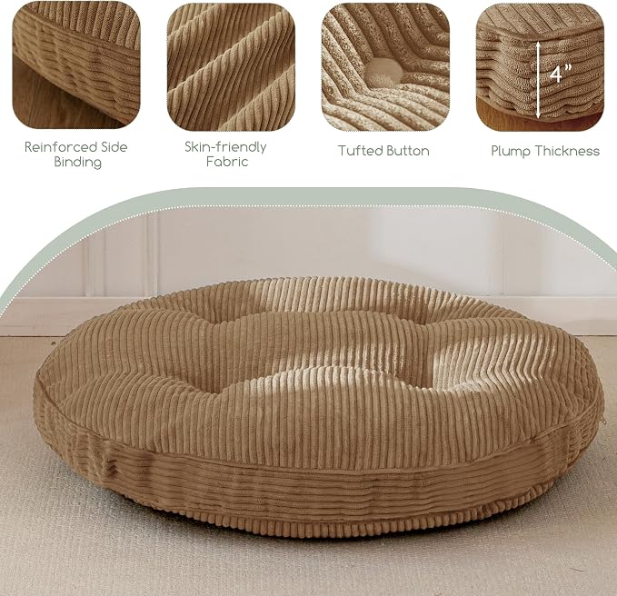 HIGOGOGO 35" Floor Pillow Cushion for Adults, Meditation Cushion Pillow, Extra Large Square Floor Sitting, Tufted Corduroy Cover for Tatami Living Room or Yoga, Coffee