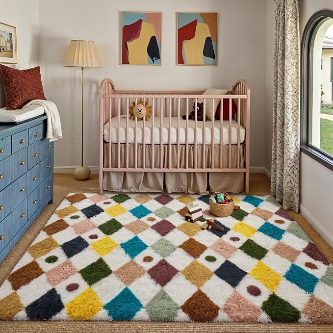 PureCozy Checkered Rug 4x6 Fluffy Shag Living Room Rainbow Area Rug Modern Washable Carpet Soft Shaggy Non Slip Indoor Plush Fuzzy Rugs for Bedroom Dorm Office Home Aesthetic Decor