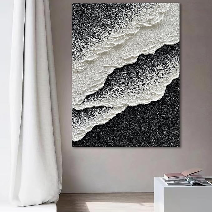 NANKAI Hand Painted Beach Wave Landscape Oil Painting Black and White Abstract Canvas Art Home Office Wall Deco Art Painting 28x40 inches