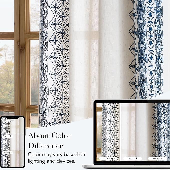 NICETOWN Heavy Duty Cream Linen Curtains 96 inch Long, Navy Blue Geometric & Floral Patterned Embroidered Drapes for Living Room, Decorative Panels for Nursery Bronze Grommet, W52 x L96, Set of 2