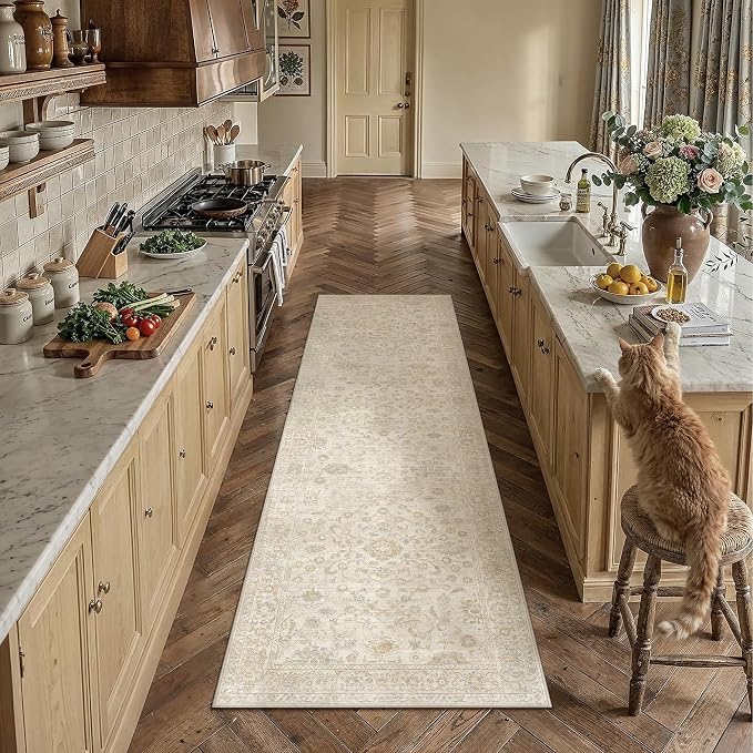 3x8 Beige Washable Runner Rug for Living Room Bedroom Neutral Soft Floral Non Slip Runner Rug Lightweight Vintage Low Pile Distressed Carpet Kitchen Hallway Bedroom Bathroom