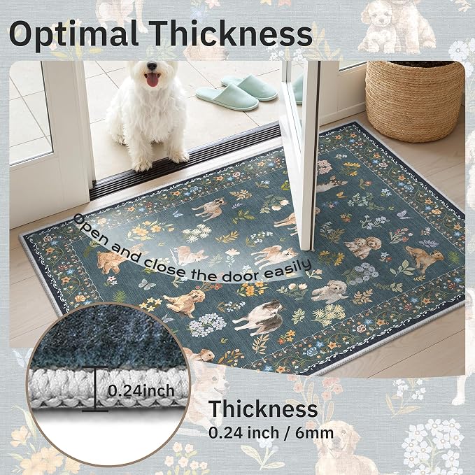 Soalmost Dog 5x7 Area Rugs for Living Room, Machine Washable Animal Floral Vintage Rug Non-Slip Low Pile Soft Throw Rugs for Kitchen Dining Room Bedroom Nursery Playroom (5 x 7,Navy Blue)