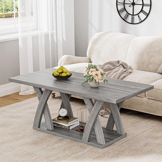 47” Wood Coffee Tables for Living Room Rustic Stands with Storage Shelf Grey Coffee Tables for Living Room Farmhouse Center Stands with Shelf Farmhouse Rectangle Center Table