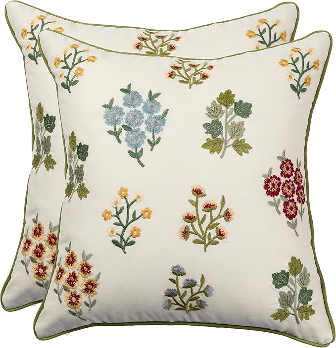 Embroidered Pillow Covers 18x18 inch Pack of 2 Multiflower Decorative Throw Pillow Covers Farmhouse Boho Pillowcases Spring Summer Pillow Cushion Cases Home Decor Square Floral Pillow Case