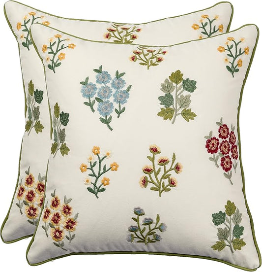 Embroidered Pillow Covers 18x18 inch Pack of 2 Multiflower Decorative Throw Pillow Covers Farmhouse Boho Pillowcases Spring Summer Pillow Cushion Cases Home Decor Square Floral Pillow Case