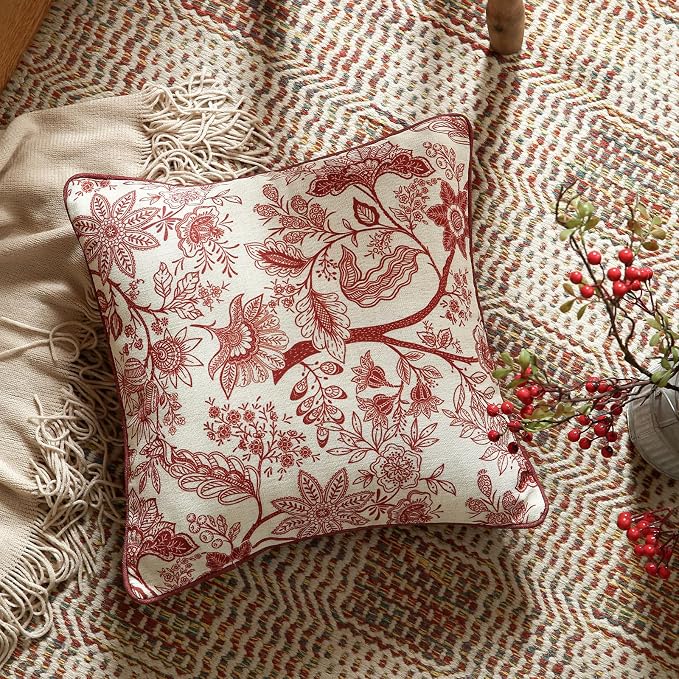 ISAENNE Designer Linen Square Throw Pillow Cover,Set of 2,18"x18"-Ruyi A | Vintage French Elegant Pillow Cover,Concealed Zipper Design,Red Floral Pattern,Sofa,Bedroom,Living Room,Lounge Chairs