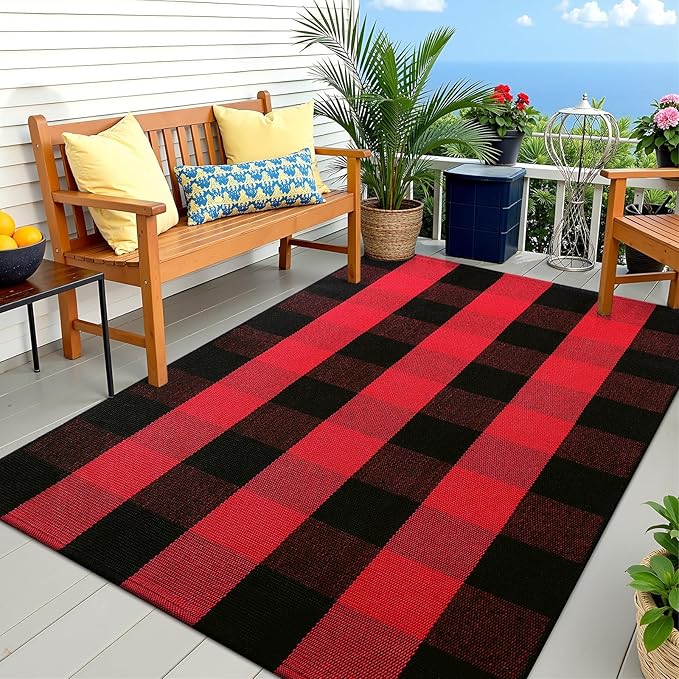 OLANLY Buffalo Plaid Rug 3' x 5' – Red and Black Cotton Checkered Doormat, Washable Indoor Outdoor Rug for Layered Front Porch, Kitchen, Entryway Decor