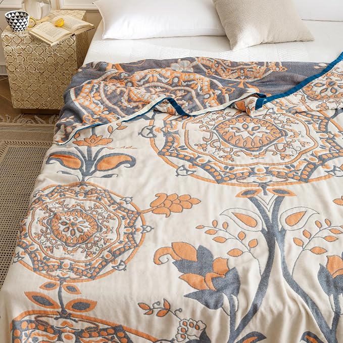 MEJU Round Flower Branch Boho Mandala Muslin All Season Throw Blanket for Bed Sofa Couch, 100% Cotton 4 Layer Soft Warm Farmhouse Retro Throw Blanket Bed Coverlet Full Queen 80 in x 90 in