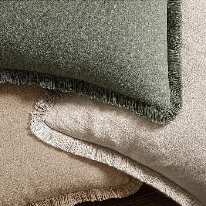 MIULEE Decorative Throw Pillow Covers Neutral Linen Fringe Throw Pillows Euro Shams Set of 2 Camel Boho Farmhouse Cushion Covers for Couch Sofa Bed Living Room Spring Home Decor 24x24 Inch